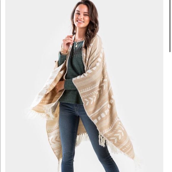 Beige Chevron Fringe Poncho - Picture 1 of 3